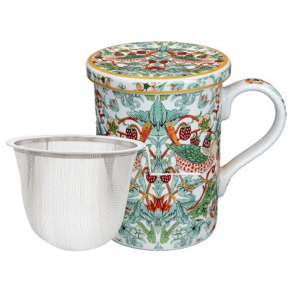 William Morris White Strawberry Thief Mugg, coaster & tesil